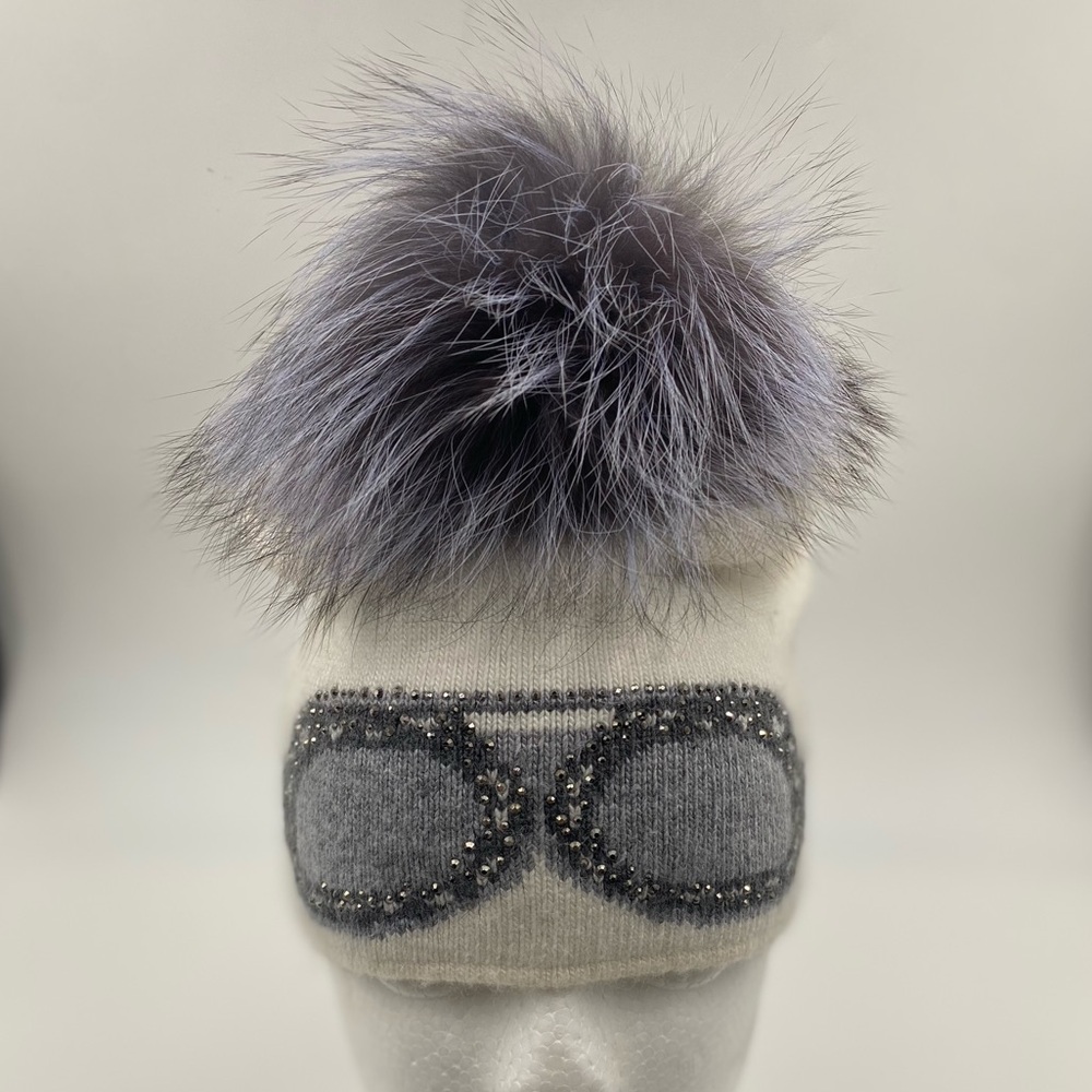 White Knit Hat Sparkle Sunglasses Fox Black and Grey Pom Pom